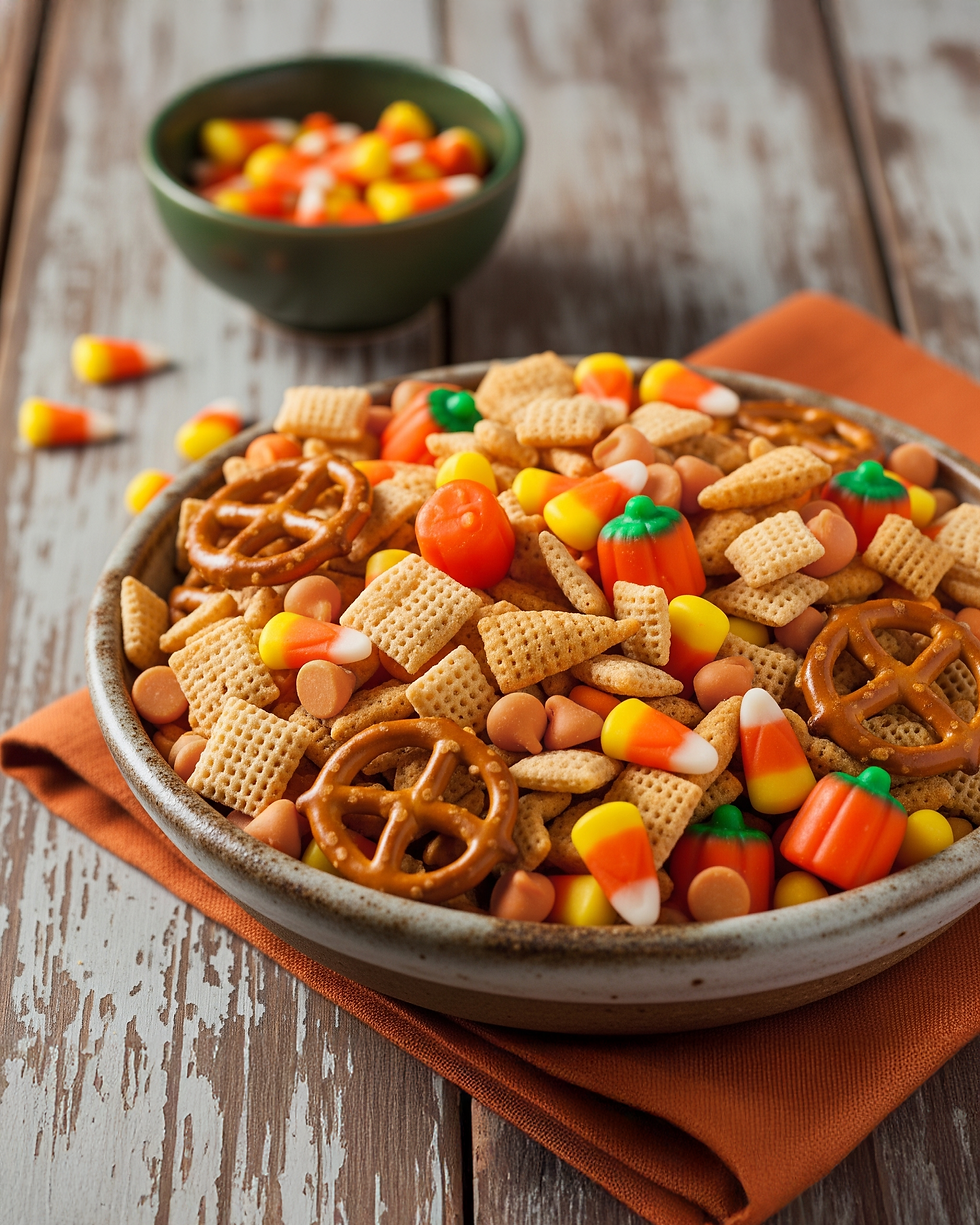 High angle view of a baking sheet filled with pumpkin spice snack mix