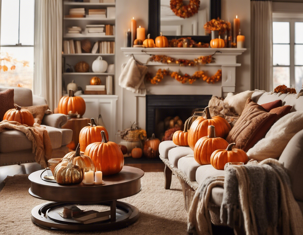 Cozy living room with orange pumpkins on sofas and table, autumn garlands on the mantel, candles lit, warm and festive ambiance.