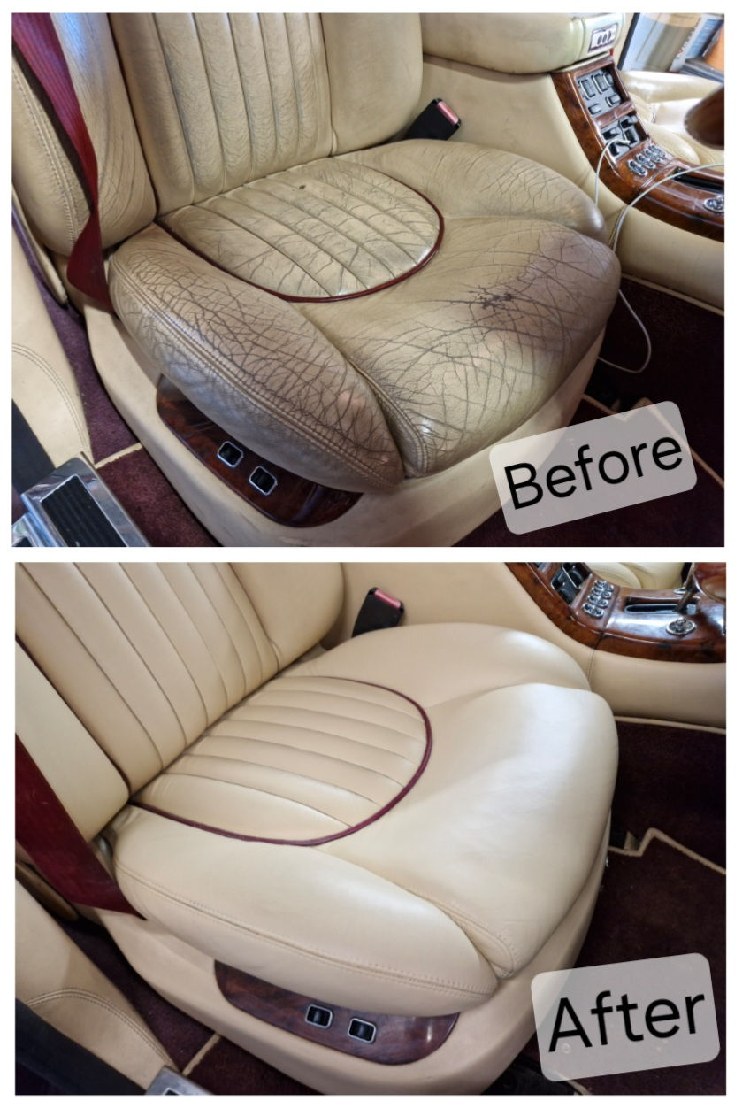 Bentley Leather car seat transformation: From worn and cracked to revitalized luxury leather.