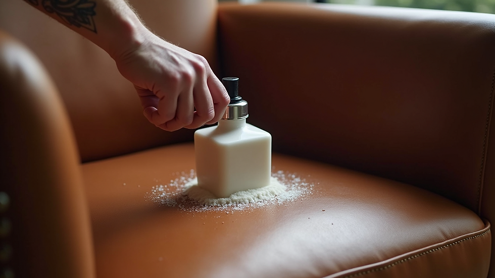 Eye-level view of leather conditioner being applied to a leather armchair