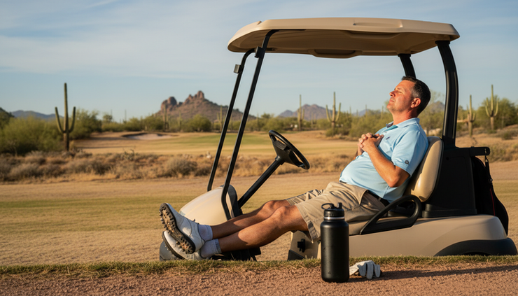 Eye-level view of a golfer resting in shade with a water bottle and shoes off near a golf cart