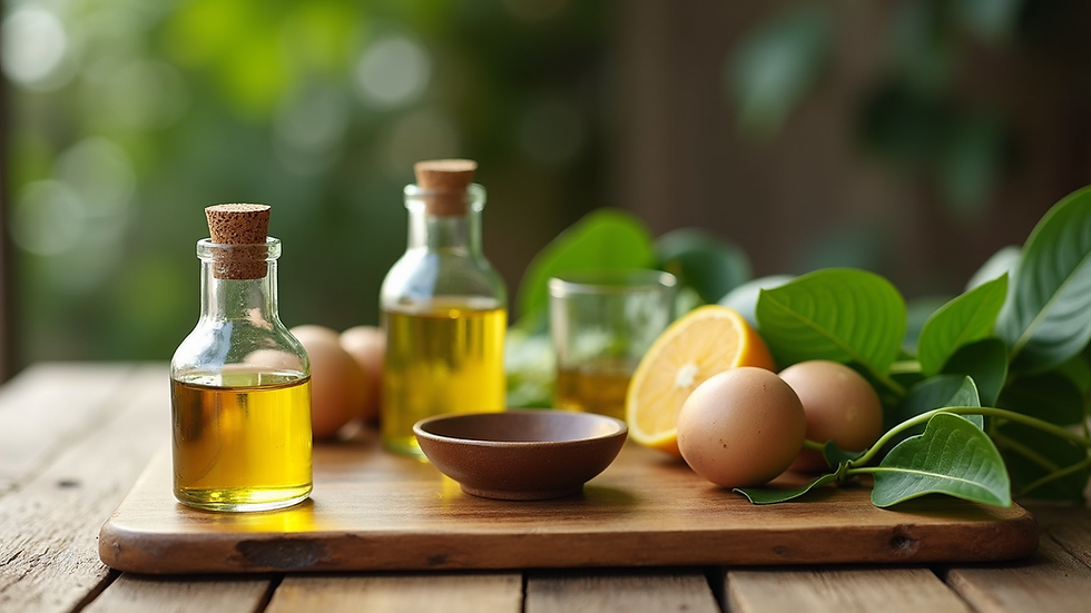 High angle view of a wooden table with a bottle of organic oil, a small dish, and green leaves