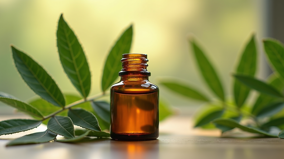 Close-up view of amber glass bottle with natural oil and green leaves