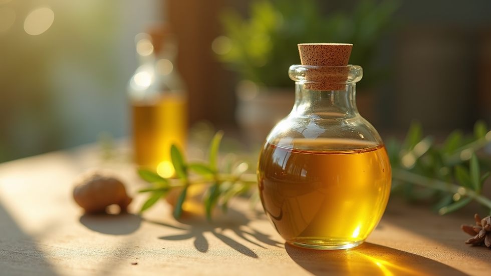 Close-up view of a glass bottle filled with golden organic oil on a wooden surface