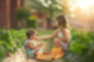 Older girl feeds younger child fresh strawberries in a sunny field.