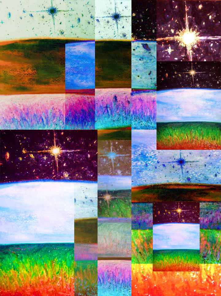 Universal Universe by Jay Mora-Shihadeh — A contemporary tradigital abstract fine art collage bridging earthly landscapes and cosmic space.
