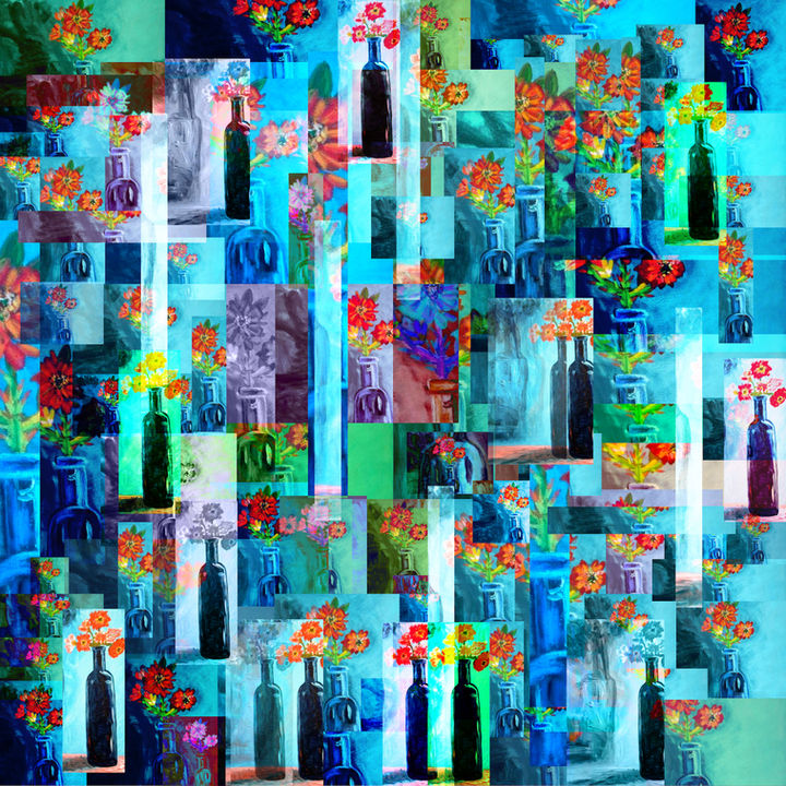 Blue Bottles Collage, a tradigital artwork by Jay Mora-Shihadeh: layered painted panels of dark bottles and red-orange flowers on blue and teal grounds.