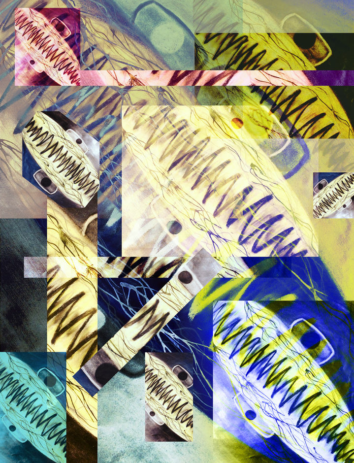 An abstract contemporary tradigital artwork re-imagined from a finished mixed-media painting, showcasing layered textures of deep black zig-zag lines, delicate ink tendrils, and soft pastel fields on paper.