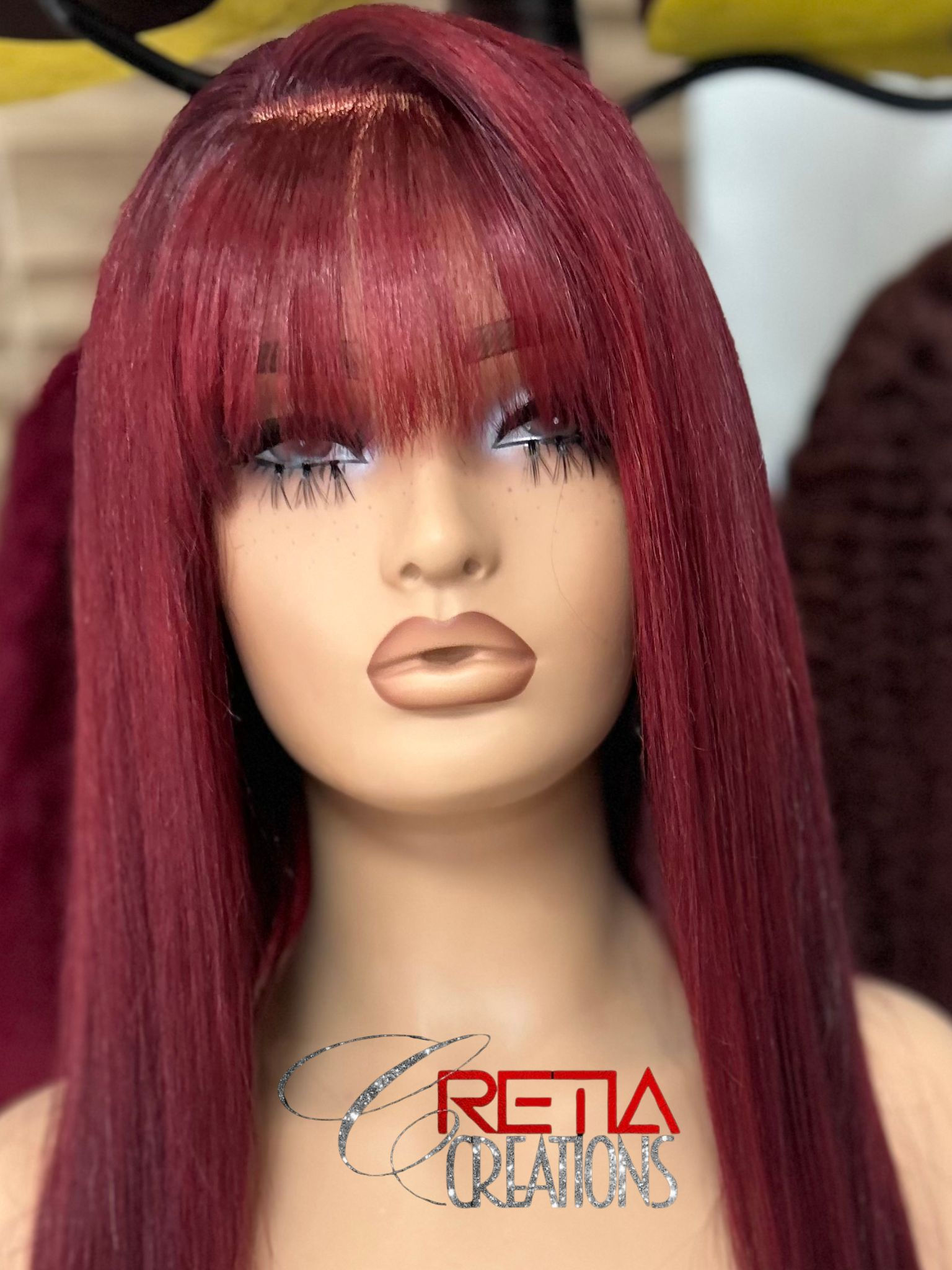 Burgundy Glueless w/ Bang Straight HD Lace Wig