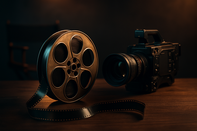 Green film reel on a white background.