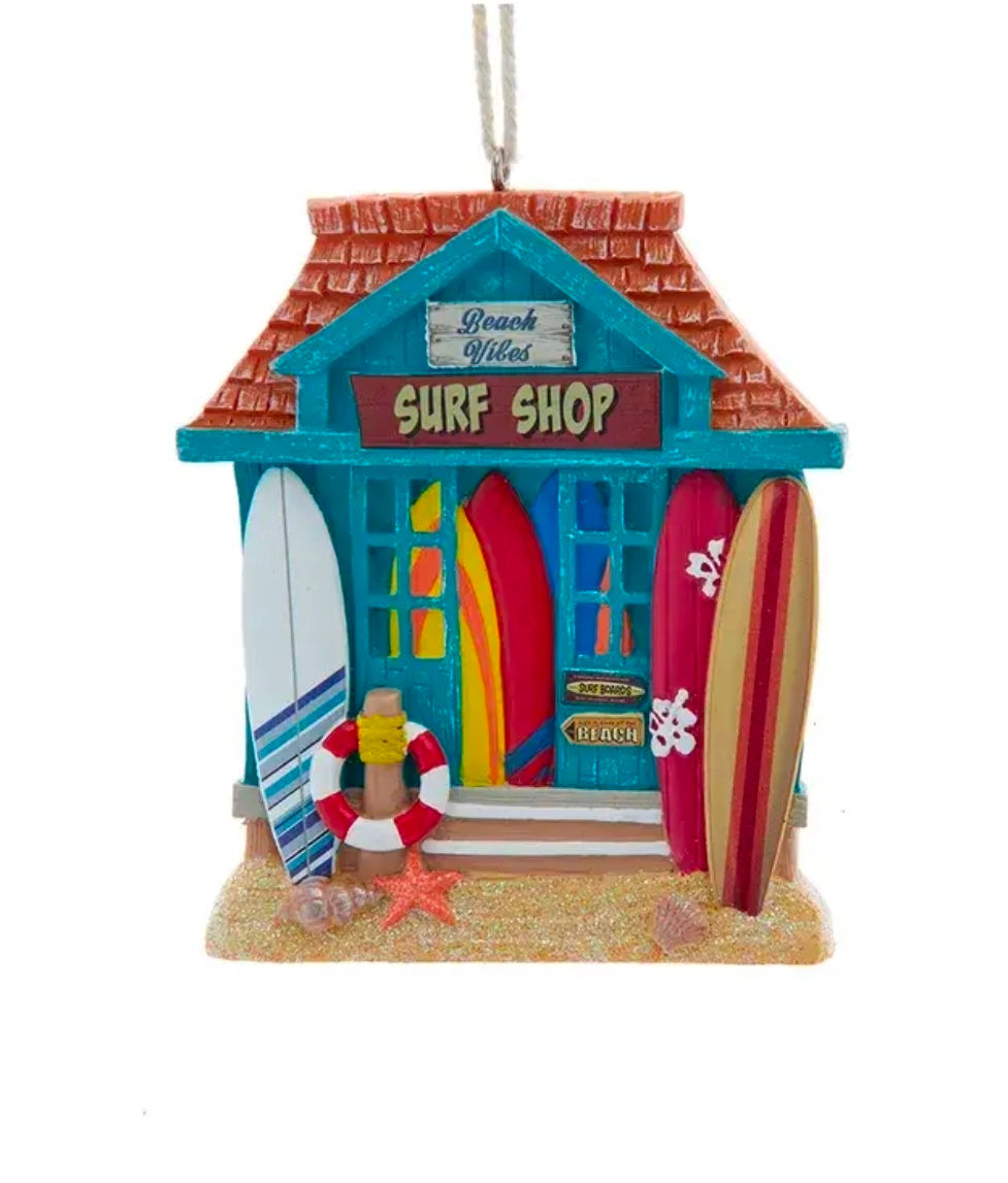 Surf Shop coastal ornament with surfboards and life ring