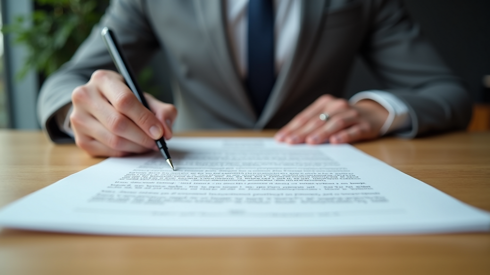 Close-up view of a contract and pen on a wooden table
