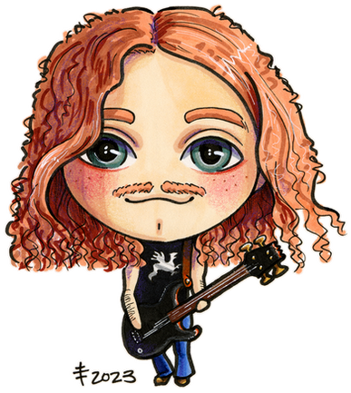 A chibi caricature of famous Metallica bassist, Cliff Burton.