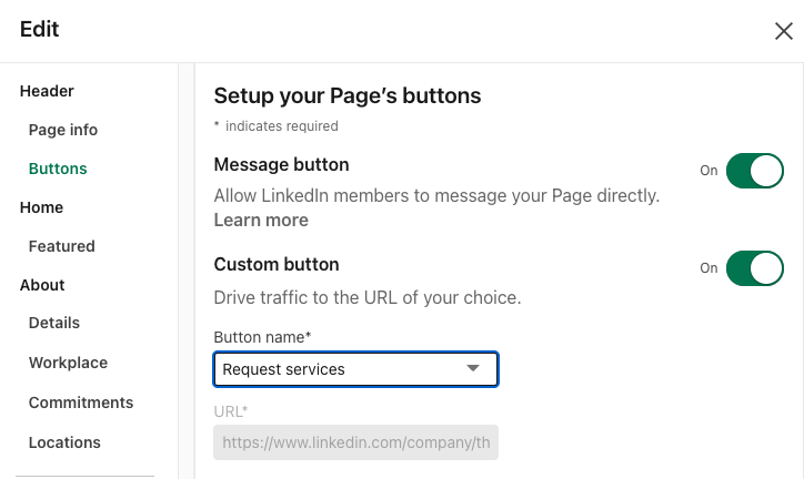 A screenshot showing you how to edit Page buttons on a LinkedIn Company Page.