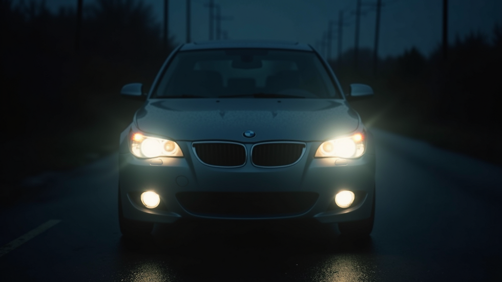 Close-up view of a car's LED headlights illuminating a dark road