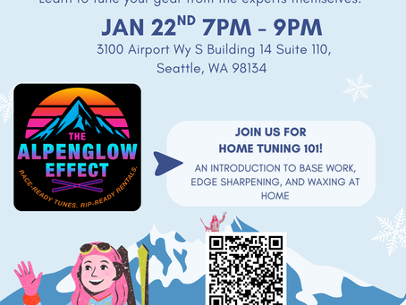 Flyer for ski and snowboard tuning clinic on 1/22 at The Alpenglow Effect ski and snowboard shop in Seattle