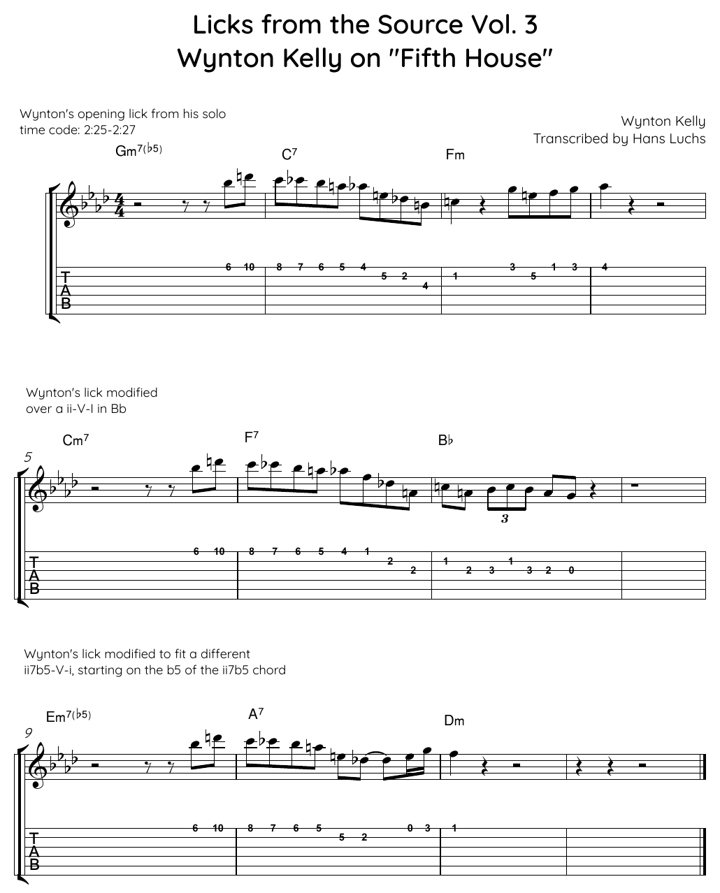 Notation and tab for Wynton Kelly's Minor ii-V-i Lick on "Fifth House" | Licks from the Source, Vol. 3