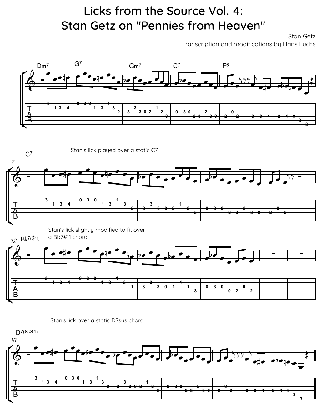 Notation and tab for Stan Getz's Lick on "Pennies from Heaven" | Licks from the Source, Vol. 4