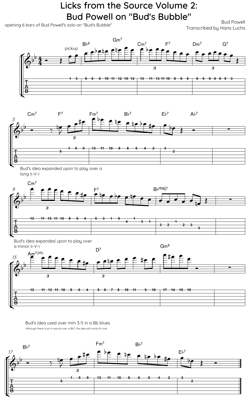 Notation and tab for Bud Powell's Rhythm Changes Lick on "Bud's Bubble" | Licks from the Source, Vol. 2