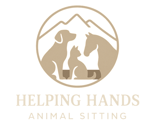 "Helping Hands Animal Sitting logo featuring a dog, cat, and horse inside a circular mountain outline."