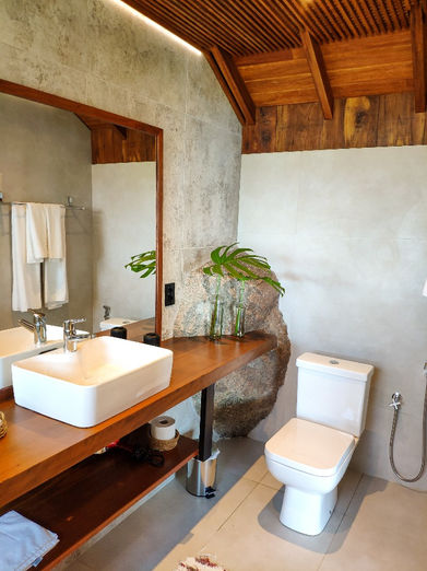 Amplo banheiro do chalé com Rochas e Madeira