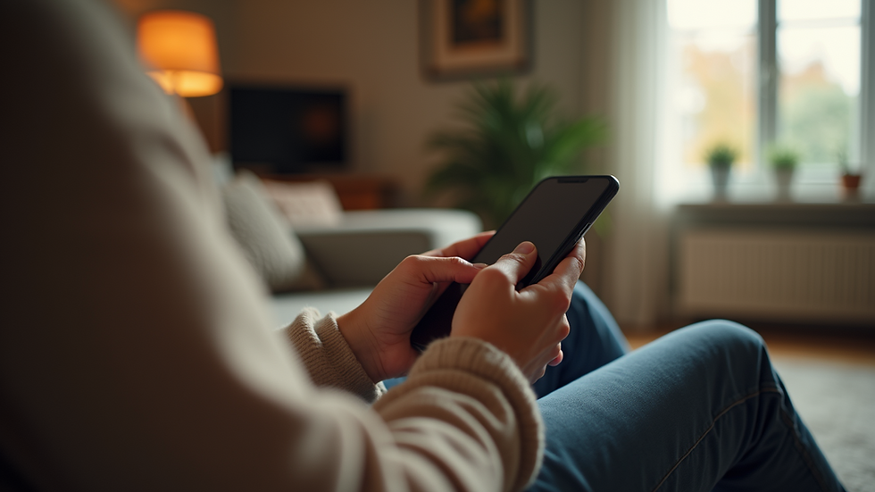Eye-level view of a person using a smartphone in a cozy living room
