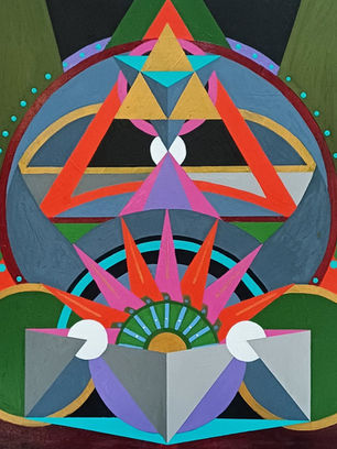 Geometric painting representing imagined doorway of a temple leading to a spiritual realm. Dynamic shape and vibrant colour.