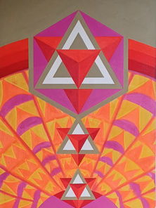 Abstract geometric painting featuring star tetrahedrons emanating from a central source against vivid background of orange, pinks and yellow.