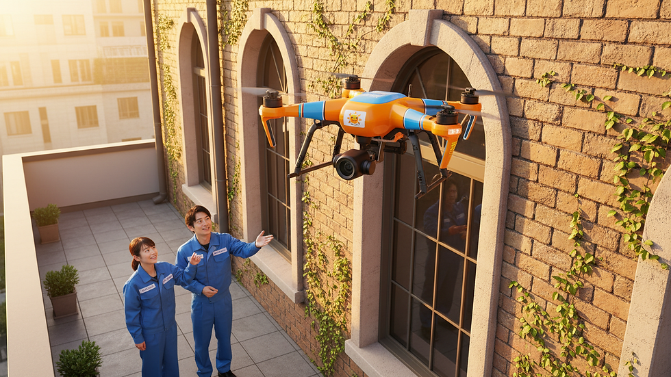 High angle view of a drone inspecting a building's exterior wall