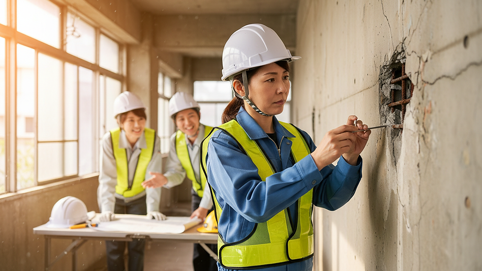 Eye-level view of a building inspector examining a cracked wall