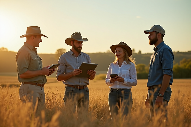A diverse group of agriculture professionals collaborating-in-a-rural-setting-during-a-sun