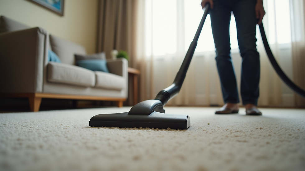 Eye-level view of a professional cleaner vacuuming a living room carpet
