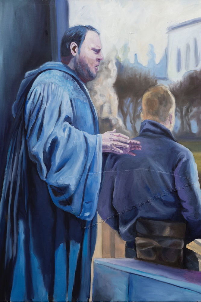 Painting of a robed man placing a hand on the shoulder of a seated man, outdoor architectural setting in soft blue tones”