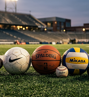 Firefly_Gemini Flash_A high-end sports media concept featuring multiple sports balls arran