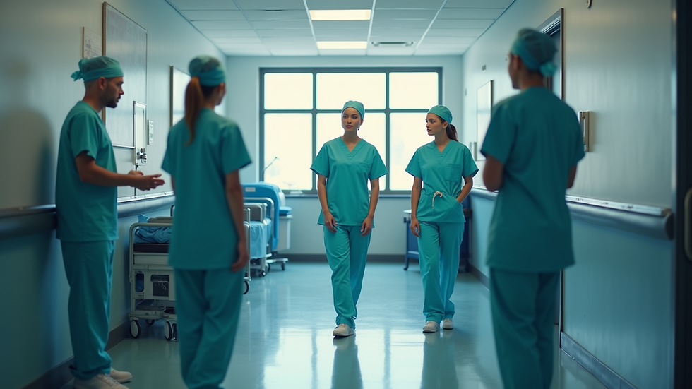 Eye-level view of a nurse leading a healthcare team in a clinical setting