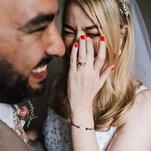 close-up of a giggling bride and groom