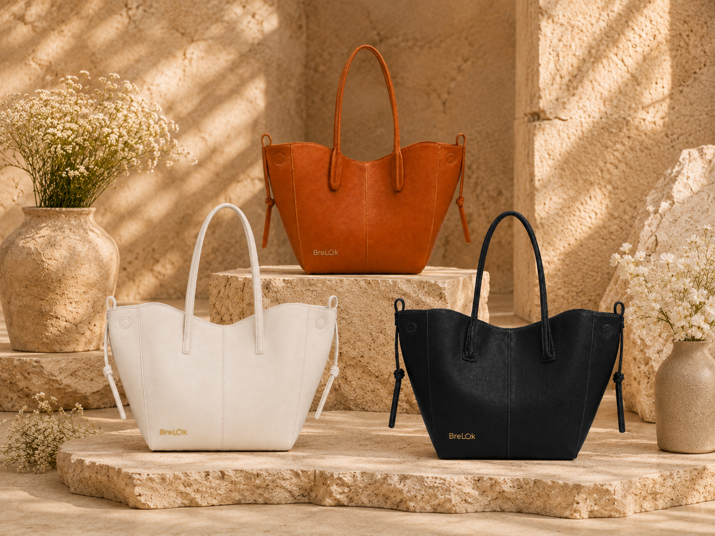Trois sacs fourre-tout en cuir orange, blanc et noir.