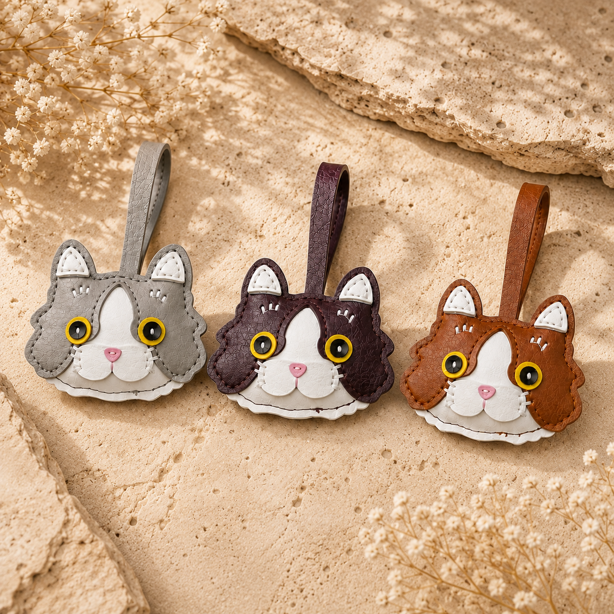 Trois porte-clés en forme de tête de chat colorés.