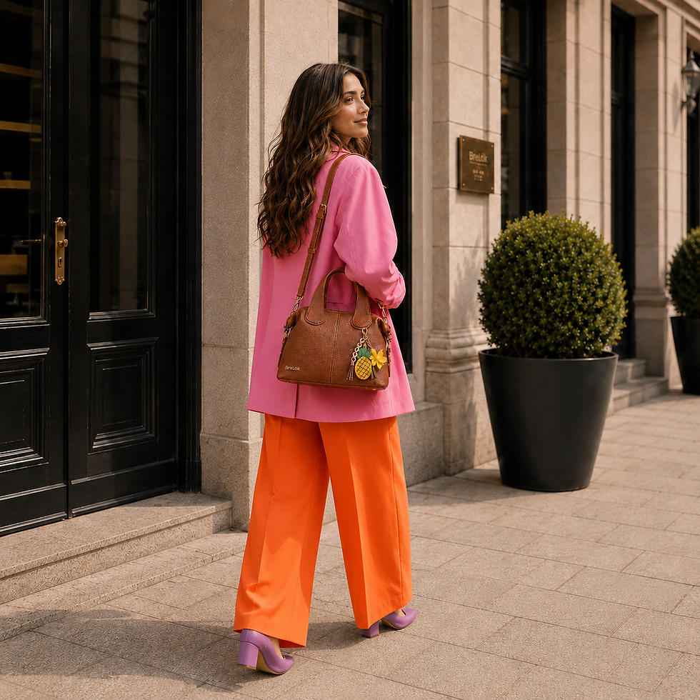 Bijoux de sacs BreLok sur un sac porté par une femme.