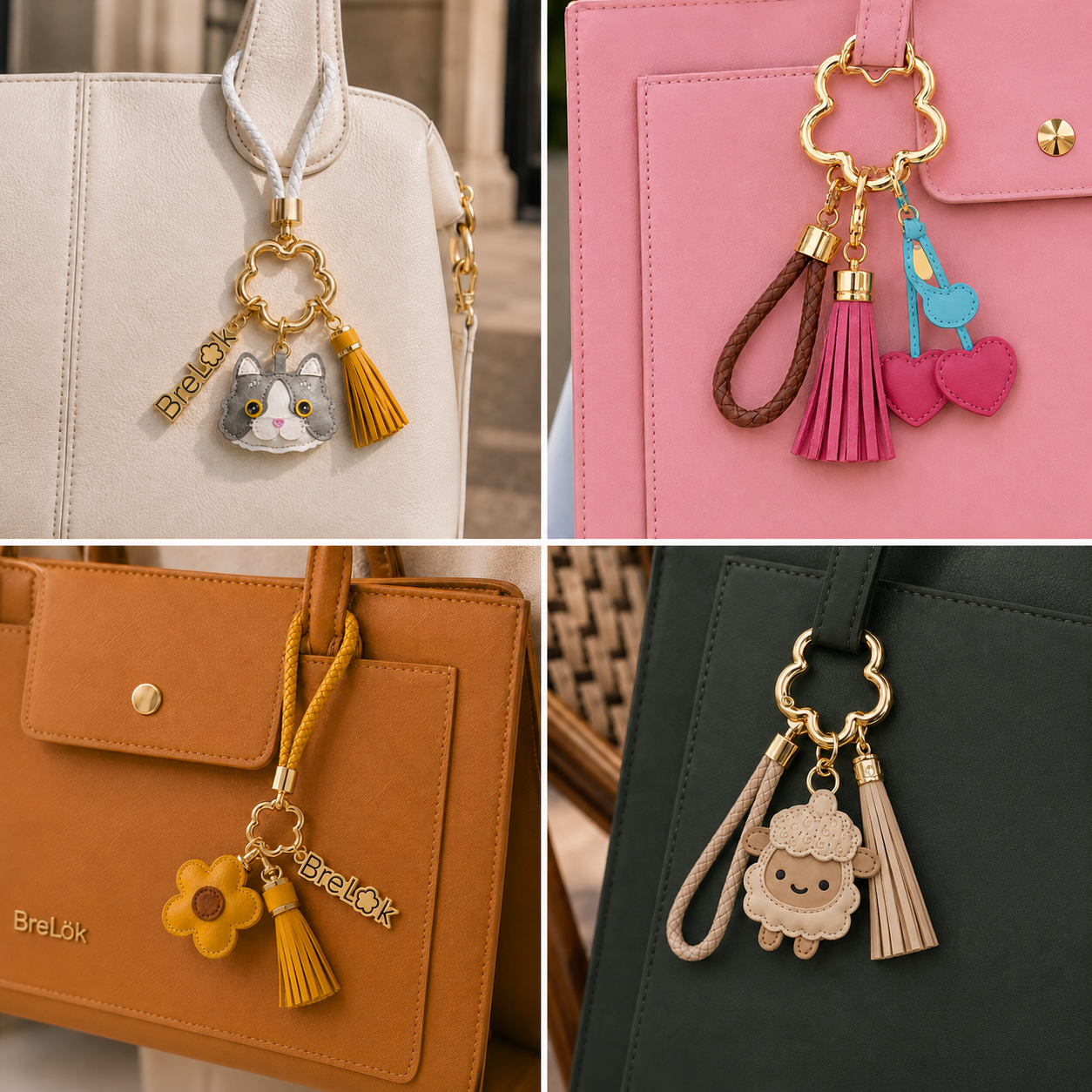 Quatre modèles de bijoux de sac BreLok sur différents sacs.