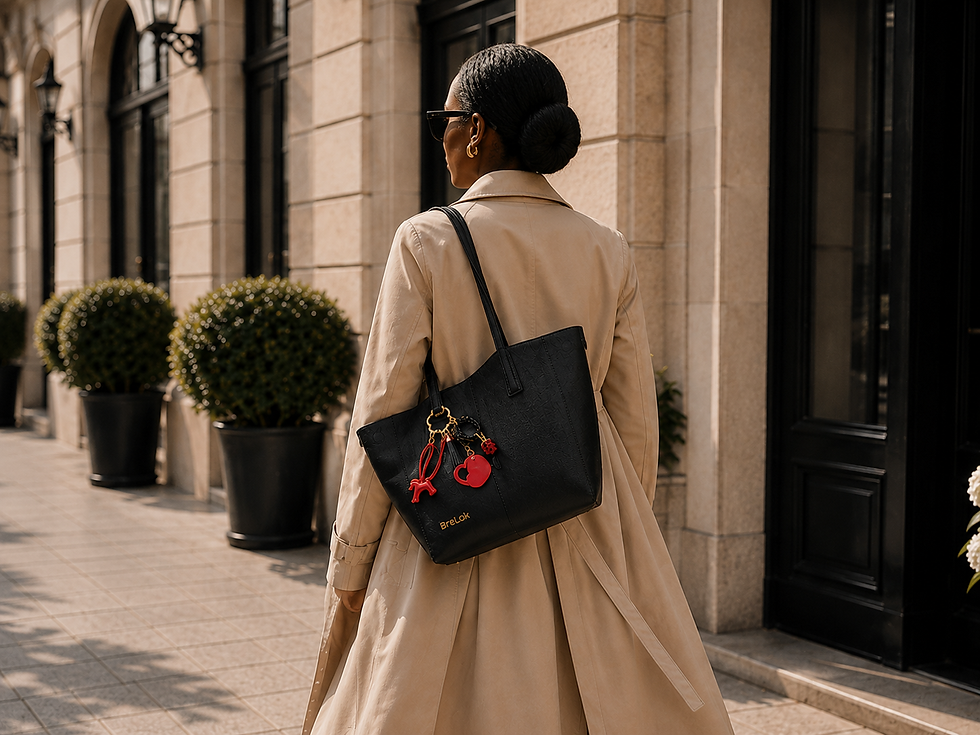 Femme portant un bijou de sac BreLok sur un sac noir.