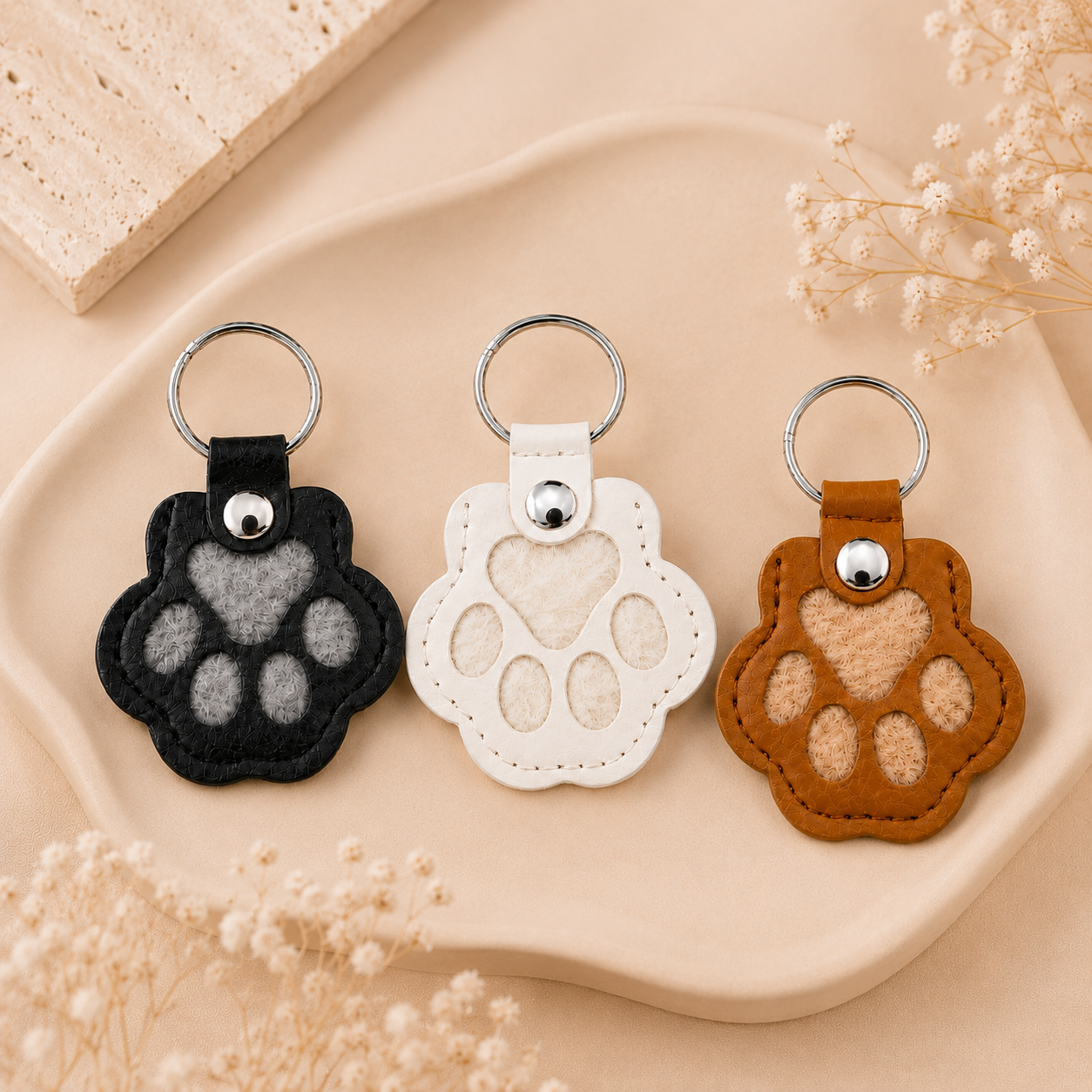 Trois porte-clés en forme de patte de chat, noir, blanc et marron