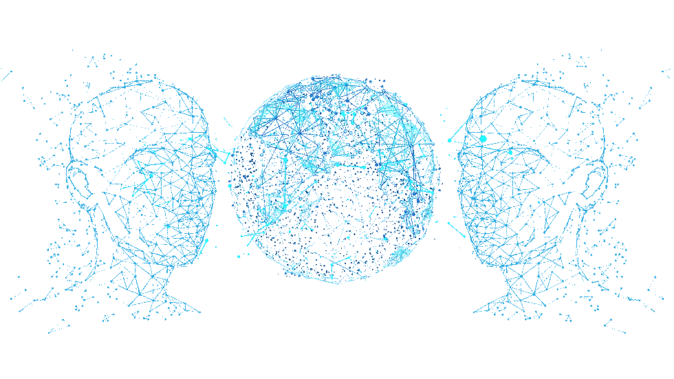 Animated picture of the Globe and human faced made of connected dots, representing network and human body modeling