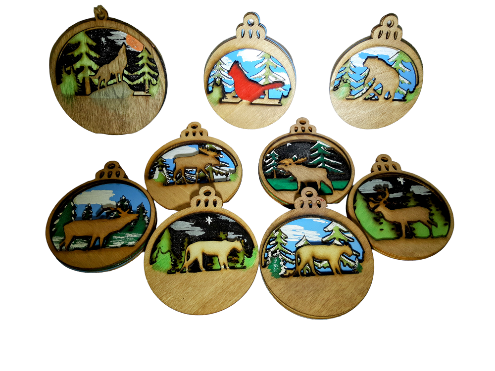 3D Wildlife Wooden Laser Christmas Ornaments