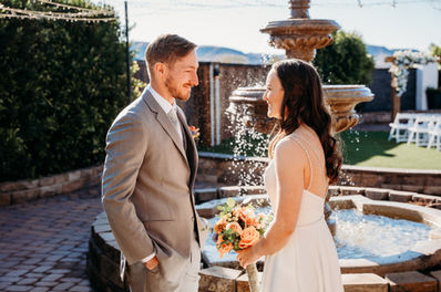 first look at venue at chilleens in a courtyard with water fountain