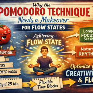 Pomodoro makeover image shows a meditating person, angry tomato timer, and text about achieving flow with flexible time and focus sessions.
