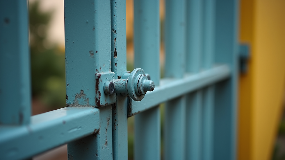 Eye-level view of freshly painted metal gate with new hinges