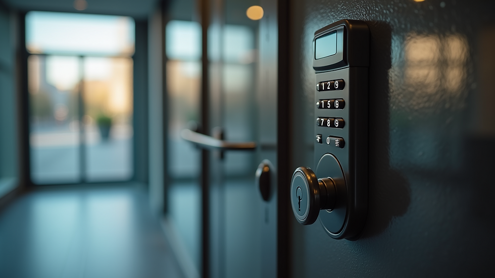 Eye-level view of a commercial door lock with keypad access