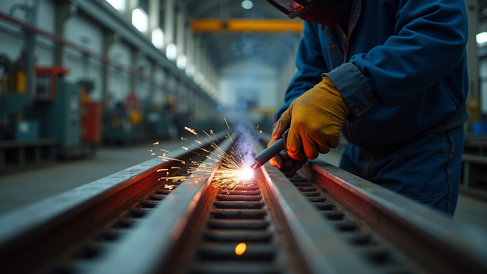 Eye-level view of metalworker using welding torch on steel railing