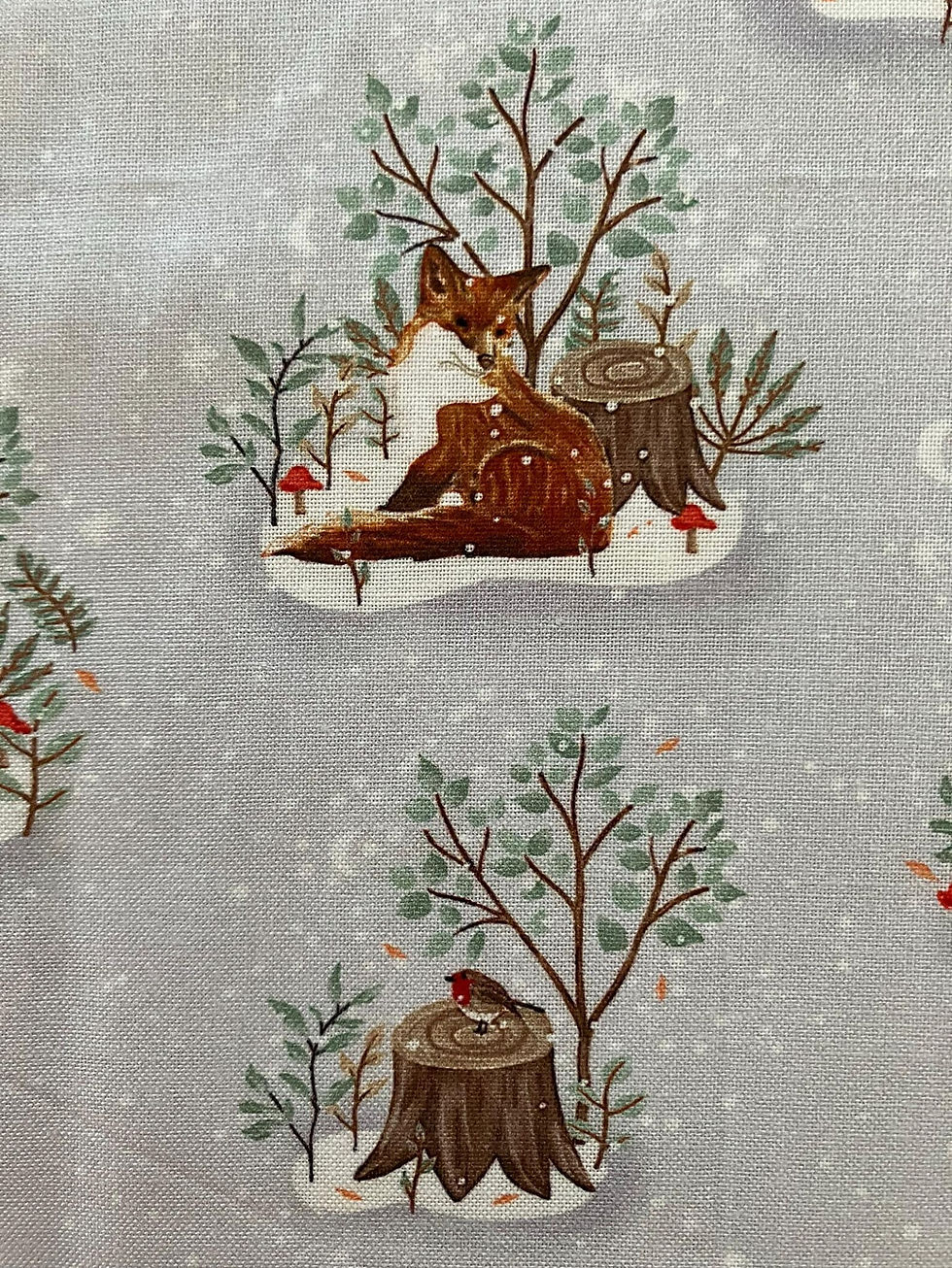 Thumbnail: Winter animal fabric with deer, foxes, robins, rabbits & hedgehogs, on grey background. Close up of fox and robin.